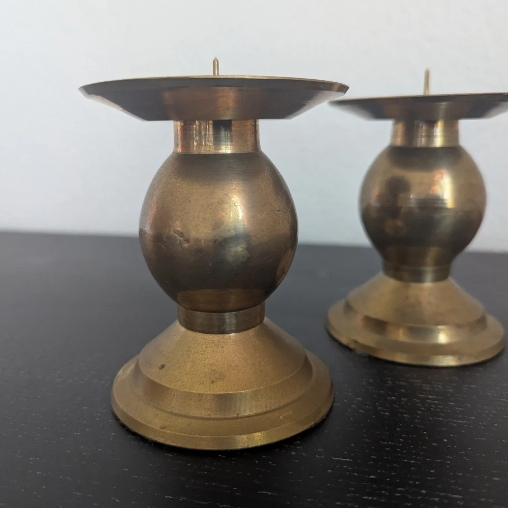 Set Of 2 Vintage Brass Pillar Candle Holders Ball Stem 3.75" - Picture 4 of 9